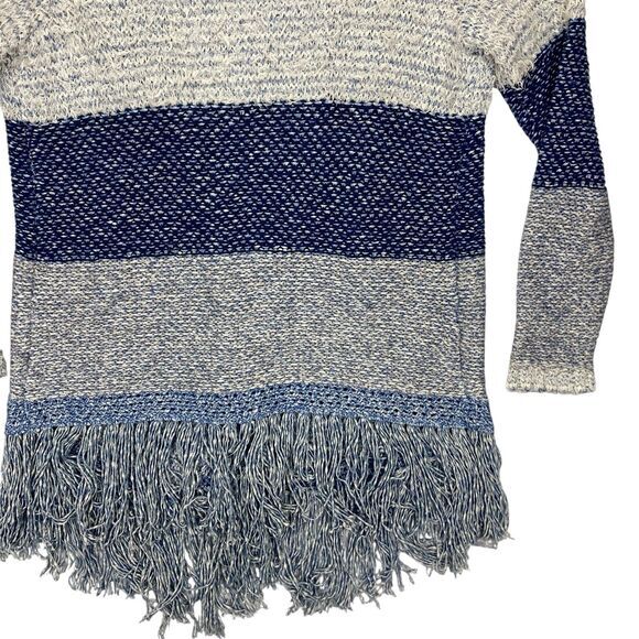 Lucky Brand Cardigan Women L Blue White Fringe Boho Tunic Fuzzy Cottage Sweater - Picture 9 of 16